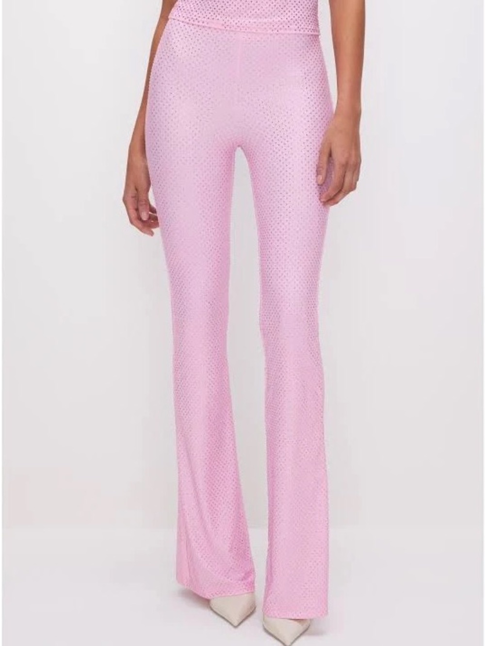Good American Pink Rhinestone High-Waist Flared Knit Pants